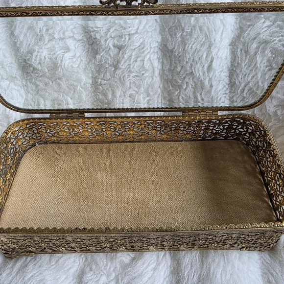 Vintage 24k Gold Plated Jewelry Box with Glass Cover.